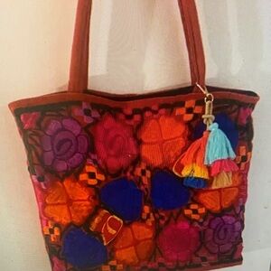 Artisan Boho Mexican Embroidered Large Zippered Tote Bag with Tassel Charm